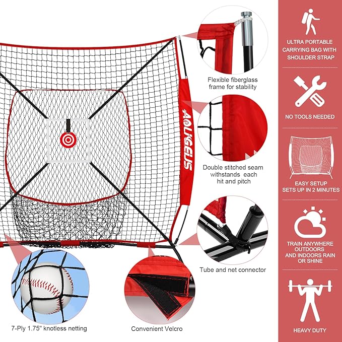 6'X6' Baseball Softball Practice Net with Batting Tee and Ball Caddy, Bonus Strike Zone Target and Bow Frame, for Hitting, Pitching, Catching