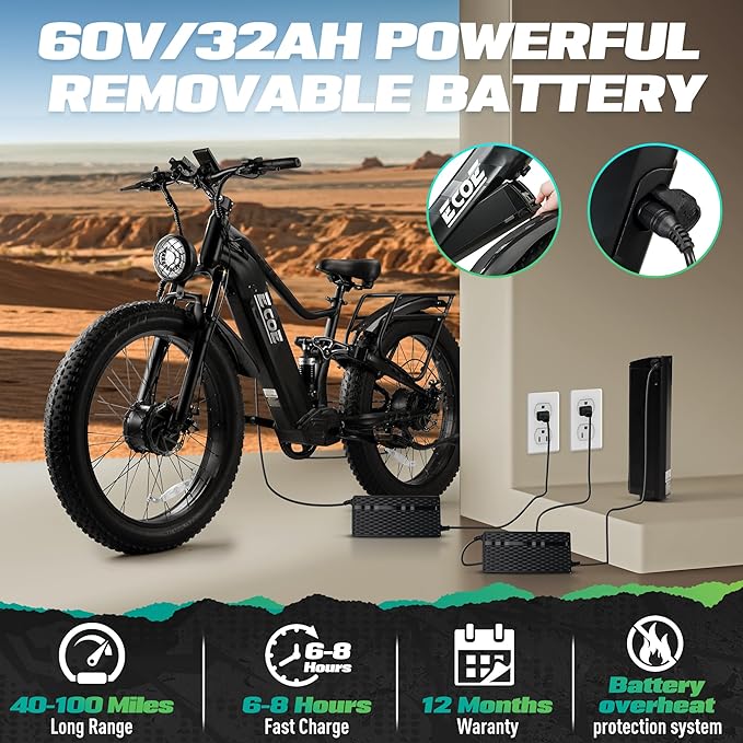 5000W Dual Motor Electric Bike for Adults 52MPH with 60V 32AH Battery, 26x4 Fat Tire All Terrain Ebikes, Full Suspension E Bike, SHM 7-Speed Gear Electric Bicycle(63v) (63V-Z)