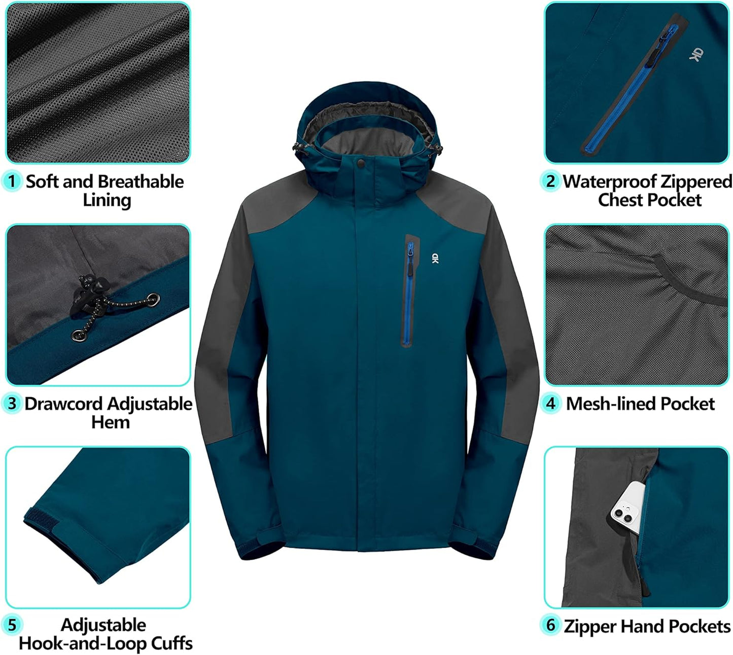 Little Donkey Andy Men's Waterproof Rain Jacket Outdoor Lightweight Hooded Raincoat for Hiking Golf Travel Fishing