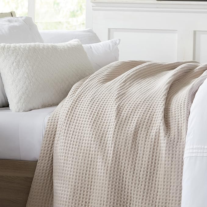 100% Cotton Waffle Weave Bed Blanket | Soft, Breathable, and Lightweight Blanket for All-Season | Perfect for Layering | Brielle Collection (Full/Queen, Taupe)