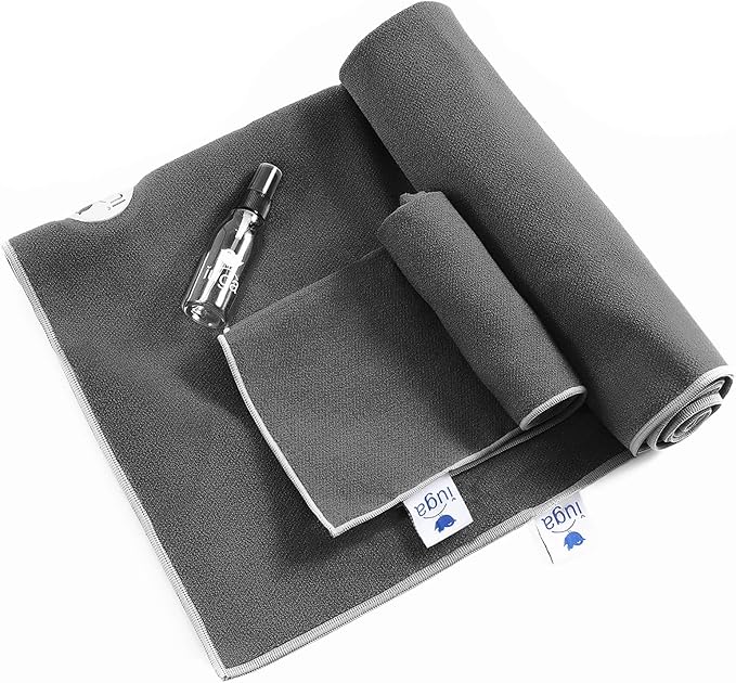 IUGA Yoga Towel for Hot Yoga Non Slip Extra Thick Yoga Mat Towel + Hand Towel 2in1 Set with Corner Pockets Super Absorbent and Quick Dry Hot Yoga Towel