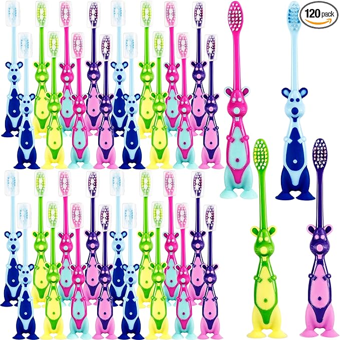 120 Pcs Kids Toothbrushes Bulk Cute Little Kangaroo Toothbrush with Cover Suction Cup Individually Wrapped Kangaroo Animal Toothbrush for Children Home School Camp Daycare Travel