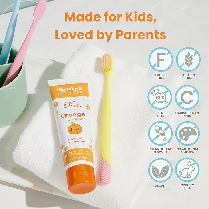 Himalaya Botanique Kids Toothpaste, Herbal, Orange Flavor, Fights Plaque, Fluoride Free, Gentle, No Artificial Flavors or Colors, SLS Free, Gluten Free, Cruelty Free, Vegan, Foaming, 4 Oz, 4 Pack…