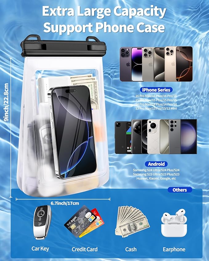 Large Waterproof Phone Pouch - [Oversized] [Floating] Waterproof Pouch for iPhone Galaxy Google and More, IPX8 Waterproof Dry Bag for Beach Vacation Belongings Black