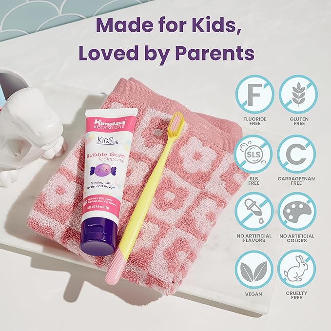 Himalaya Botanique Kids Toothpaste, Herbal, Bubble Gum Flavor, Fights Plaque, Fluoride Free, Gentle, No Artificial Flavors or Colors, SLS Free, Gluten Free, Cruelty Free, Vegan, Foaming, 4 Oz, 2 Pack