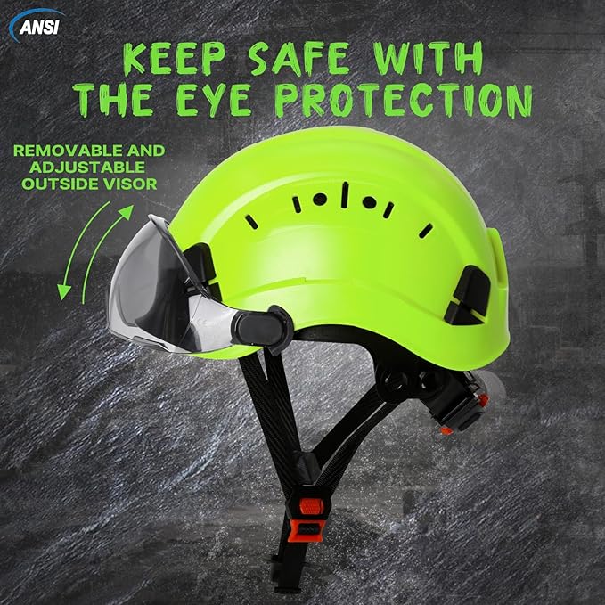 Aolamegs Construction Hard Hats for Adults - Hard Hats Construction OSHA Approved with Smoke Visor for Men Women ANSI Z89.1 Vented Safety Helmet, Hard Hat with Chin Strap,6 Point Suspension （Green