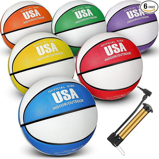 Libima 6 Pcs Official Basketball Indoor Outdoor 2 Color Printed Rubber Basketball with Pump for Game Practice Training Kids Adults Back to School