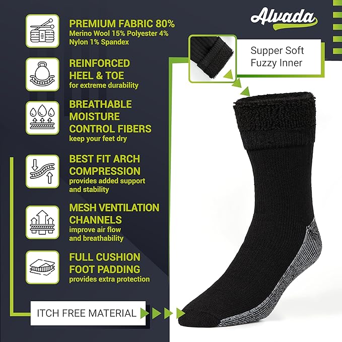 Alvada Merino Wool Hiking Socks Thermal Warm Crew Winter Boot Sock For Men & Women 3 Pairs