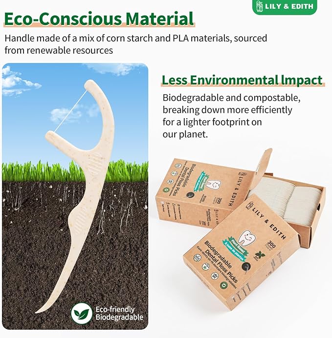 LILY & EDITH Biodegradable Dental Floss Picks Adults and Kids 300 Counts, Fluoride-Free, Plant Based Straw Wheat Material, Zero Waste Package, Shred Resistant (Mint)