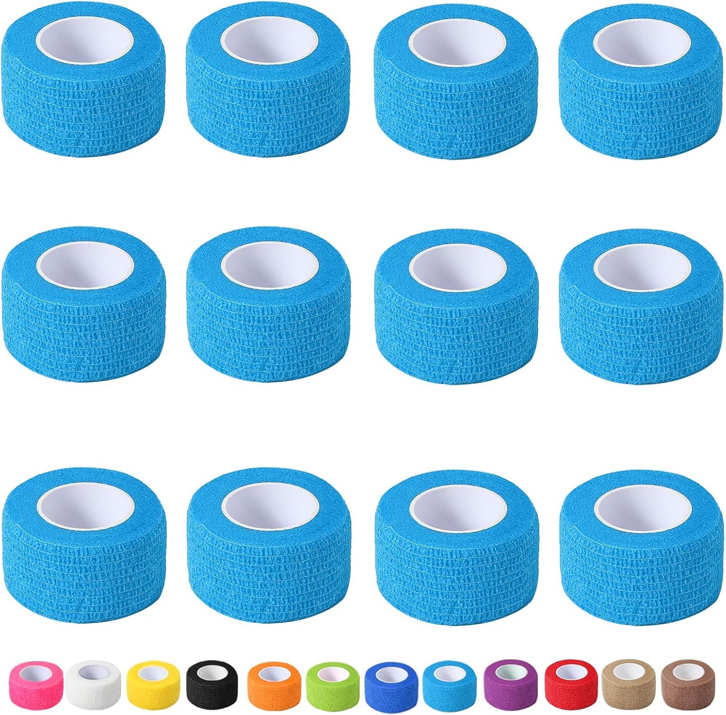 12 Pack Self Adhesive Bandage Wrap, 1 in x 5 Yards Non-Woven Self Adherent Cohesive Bandage, Vet Wrap Wound Tape for Thumb Finger Wrist Knee Ankle, Blue
