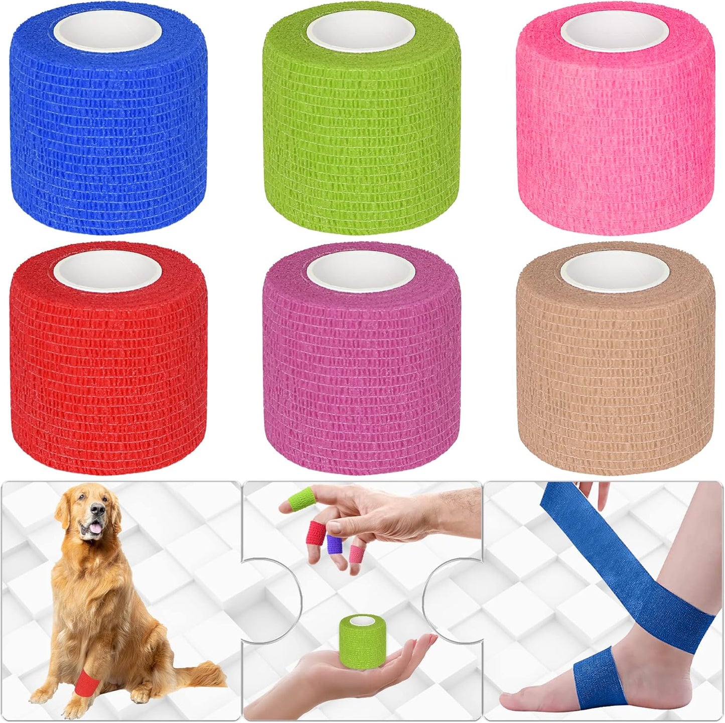 6 Pack 2 Inches Self Adhesive Bandage Wrap Breathable Cohesive Bandage Elastic Tape for Pets, Athletic, Sports, Wrist, Knee, Ankle(5 Yards Per Roll, Mixed Colors)