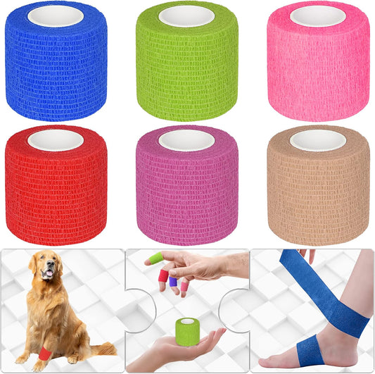 6 Pack 2 Inches Self Adhesive Bandage Wrap Breathable Cohesive Bandage Elastic Tape for Pets, Athletic, Sports, Wrist, Knee, Ankle(5 Yards Per Roll, Mixed Colors)