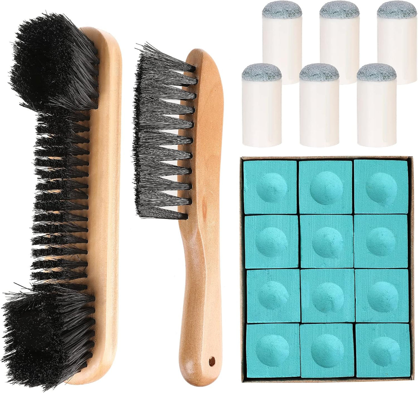 4 Set Billiards Pool Table and Rail Brush Including 12 Pieces Pool Cue Chalk Cubes and 6 Slip-on Pool Cue Tip Replacements Snooker Table Wooden Cleaning Brush Kit Accessories