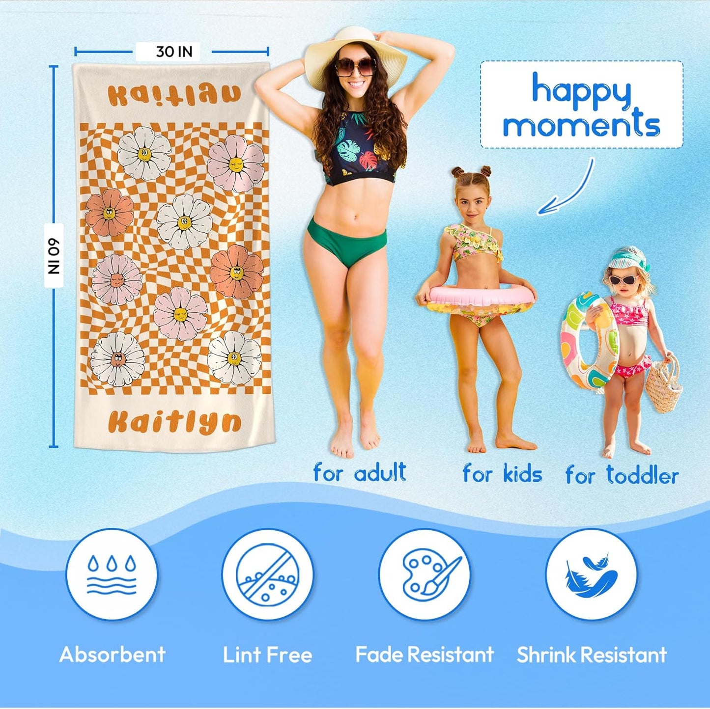 JML Personalized Beach Towel with Name, Custom Flower Beach Towel, Customized Microfiber Pool Towel, Quick Dry & Absorbent Swim Towel for Adult,Anniversary, Birthday, Summer Holiday,Vacation