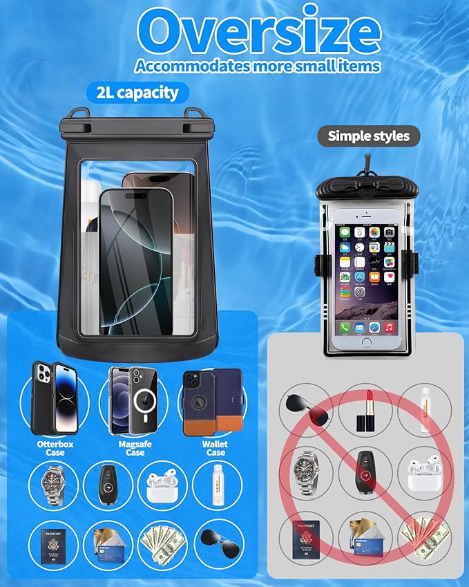 Large Waterproof Phone Pouch - [Oversized] [Floating] Water Proof Pouch for iPhone Galaxy Google and More, IPX8 Waterproof Dry Bag for Beach Vacation Belongings Clear Black