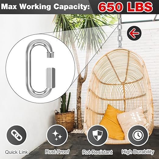 M5-30 Pack 1.95” Quick Links Chain Connectors, 3/16″ Galvanized Chain Locking Carabiners Hooks, 650LBS Heavy Duty Thread Quick Link Clips, Twist Oval Keychain D Shape for Swing, Camping