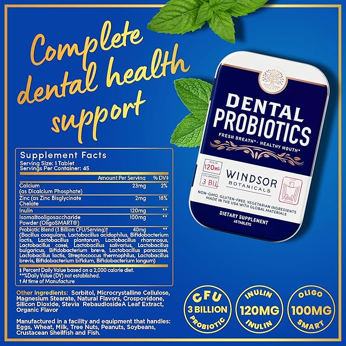 Dental Probiotics for Teeth and Gums - Oral Probiotics for Mouth Bad Breath - 3BN CFU Lactobacillus Salivarius Tablets Paracasei Rhamnosus Streptococcus - 90 Chewable Dental Probiotic in Travel Tins