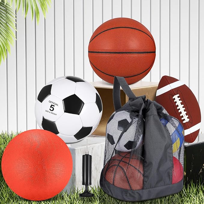 HyDren Sports Balls Set for Teen Adult, Include Official Size Basketball Soccer Ball Football Playground Ball with Pump and Equipment Carry Bag Sports Gift Back to School