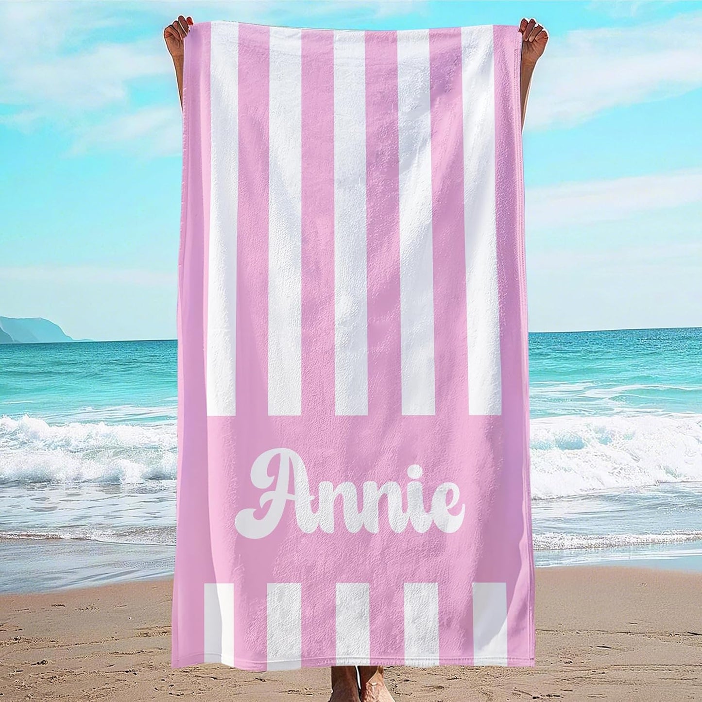 JML Personalized Beach Towel with Name, Custom Cabana Stripe Beach Towel, Customized Microfiber Pool Towel, Quick Dry & Absorbent Swim Towel for Adult,Mother's Day, Birthday, Summer Holiday,Vacation