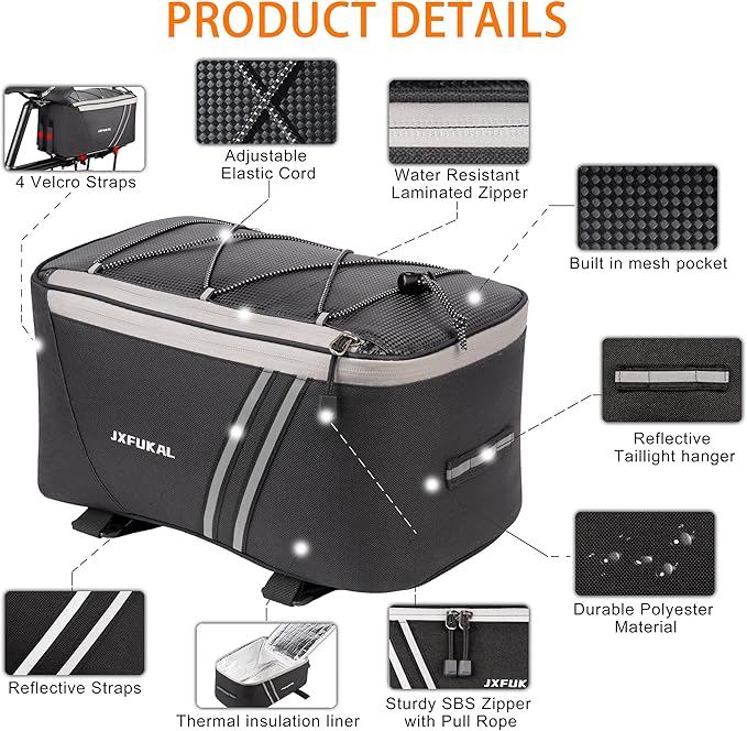 JXFUKAL Rear Bike Rack Bag with Rain Cover, 7L/9L/10L/12L Waterproof Bicycle Ebike Saddle Bag Cycling Pannier Trunk Carrier with Reflector & Adjustable Cord for Commuter Travel Outdoor