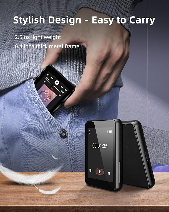 64GB Music Player with Bluetooth 5.3, 2.4" Portable MP3 Player with Speaker, FM Radio, Voice Recorder, E-Book, Full Touch Screen, Supports up to 256GB (Earphones Included)