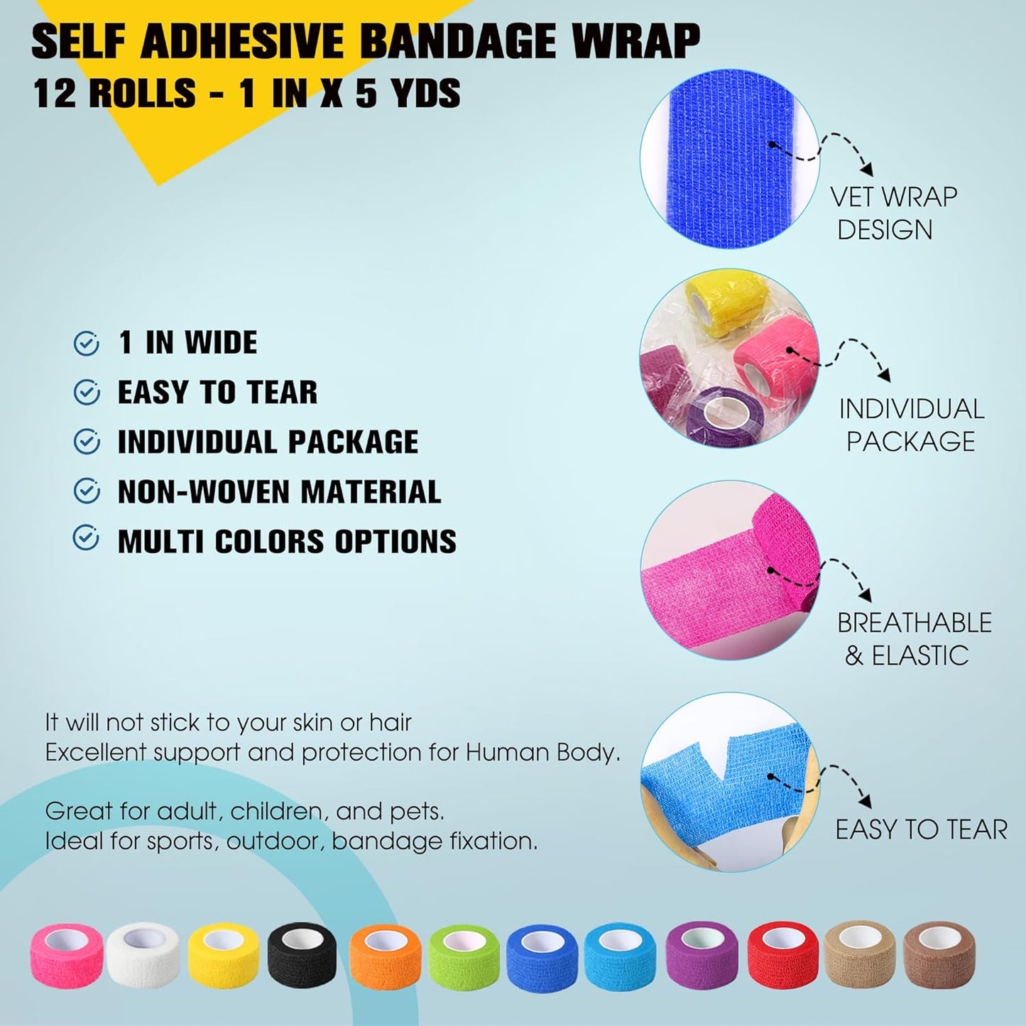 12 Pack Self Adhesive Bandage Wrap, 1 in x 5 Yards Non-Woven Self Adherent Cohesive Bandage, Vet Wrap Wound Tape for Thumb Finger Wrist Knee Ankle, Mix Colors