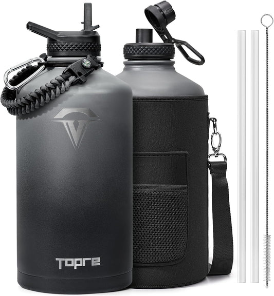 128 oz Insulated Water Bottle,One Gallon Water Flask Stainless Steel Vacuum, Cold for 48 Hrs,BPA-Free & Leakproof -with Paracord Handle, Strap,Straw Spout Lids,Large Jug for Gym,Grey