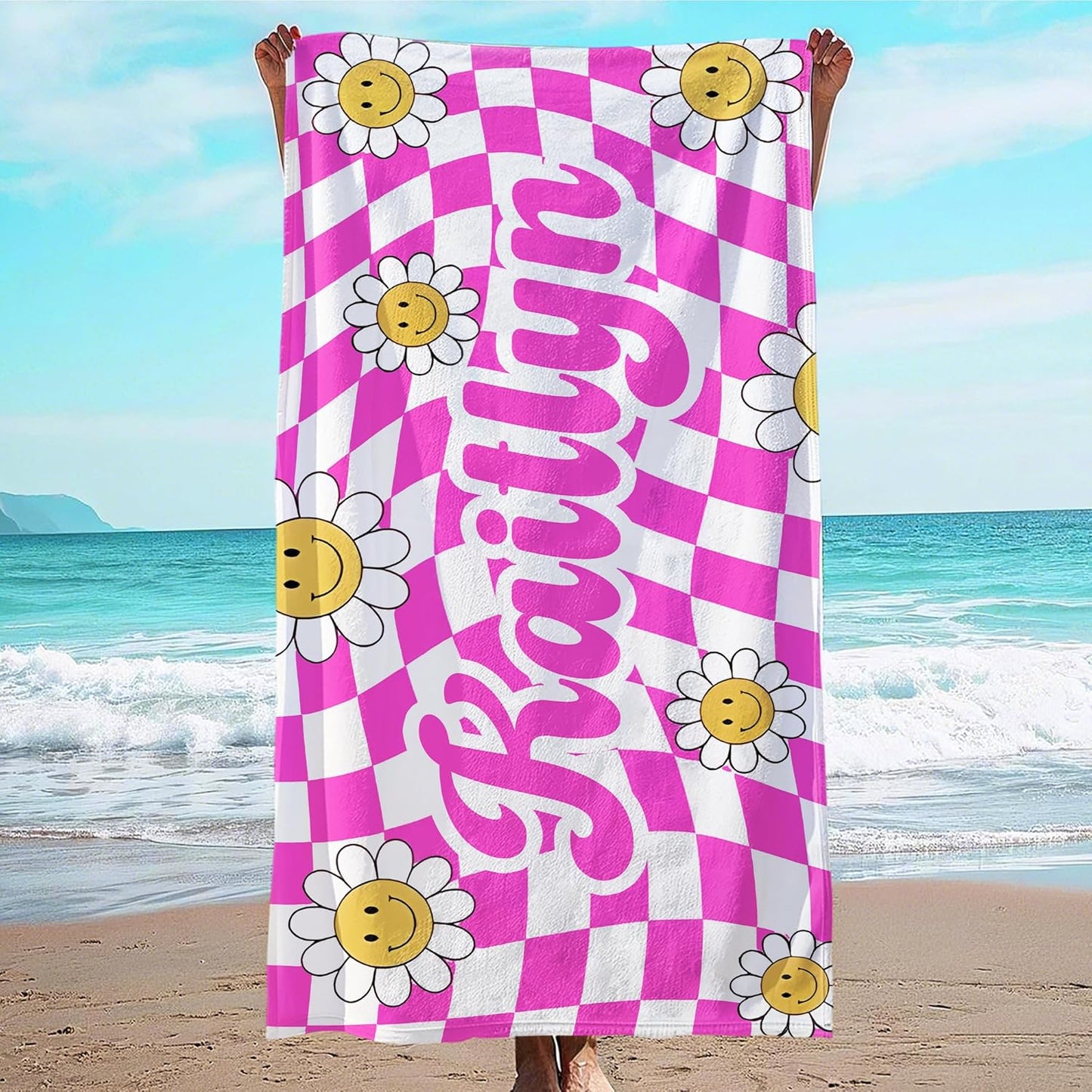 JML Personalized Beach Towel with Name, Custom Flower Beach Towel, Customized Microfiber Pool Towel, Quick Dry & Absorbent Swim Towel for Adult,Anniversary, Birthday, Summer Holiday,Vacation