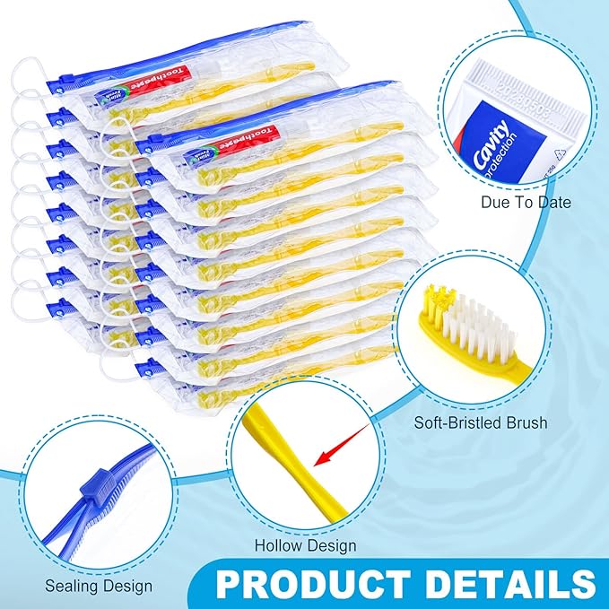 10 pcs Disposable Toothbrushes with Toothpaste and Floss Set,Yellow Individually Wrapped Bulk Single Use Toothbrush Floss Cover Travel Toothbrushes Kit with Zip Bag for Homeless,Hotel,Guest