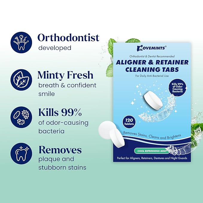 Movemints Cleaning Tablets for Aligners, Retainers, Dentures, Night Guard – Ultrasonic Compatible – Freshen Appliance and Remove Stains, Odors, and Plaque – Mint, 120 Count