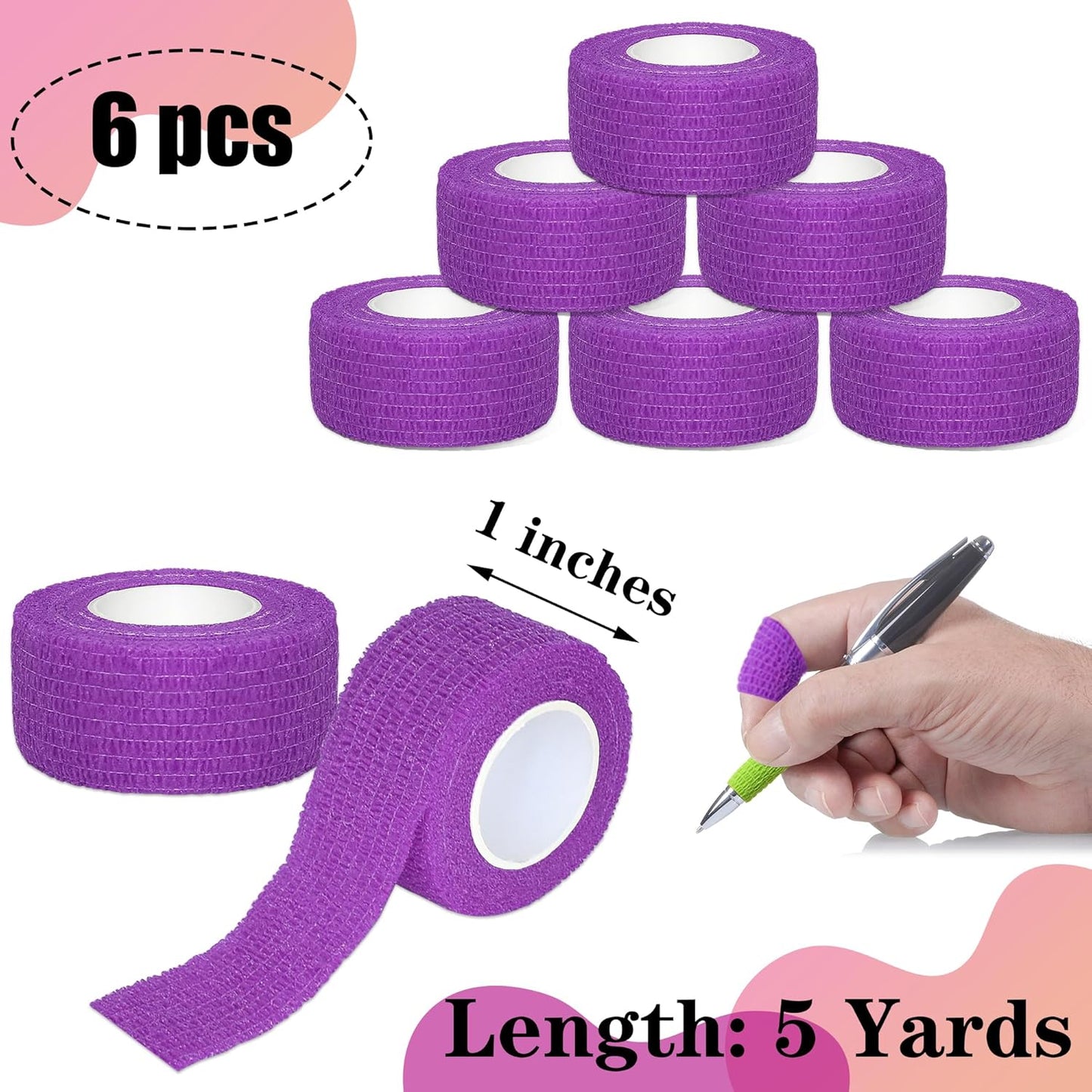 6 Pack 1 Inches Self Adhesive Bandage Wrap Breathable Cohesive Bandage Elastic Tape for Pets, Athletic, Sports, Wrist, Knee, Ankle(5 Yards Per Roll, Purple)