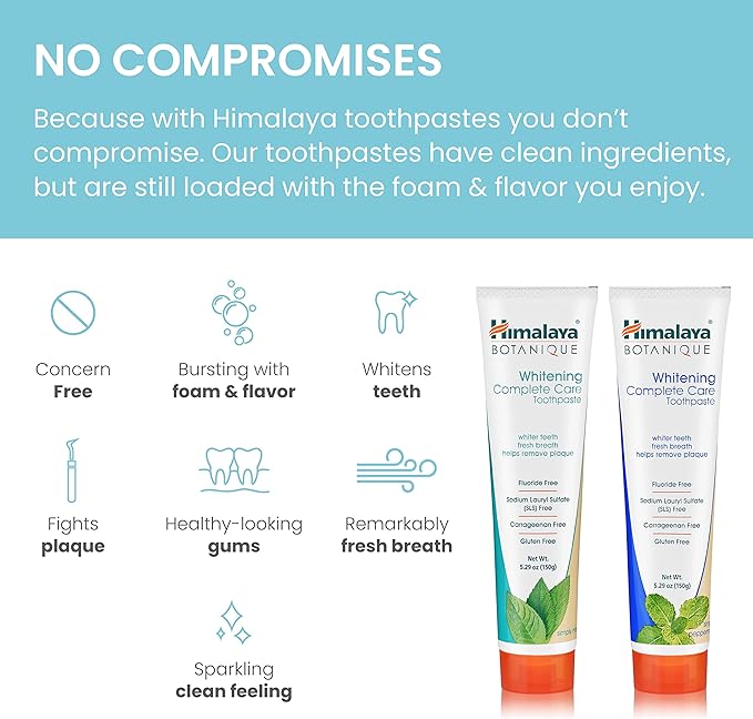 Himalaya Botanique Whitening Complete Care Toothpaste, Mint and Peppermint Flavors - Whitening Toothpaste Without Fluoride for Brighter Teeth & Fresh Breath - Vegan, Gluten Free, 5.29 oz (Pack of 2)