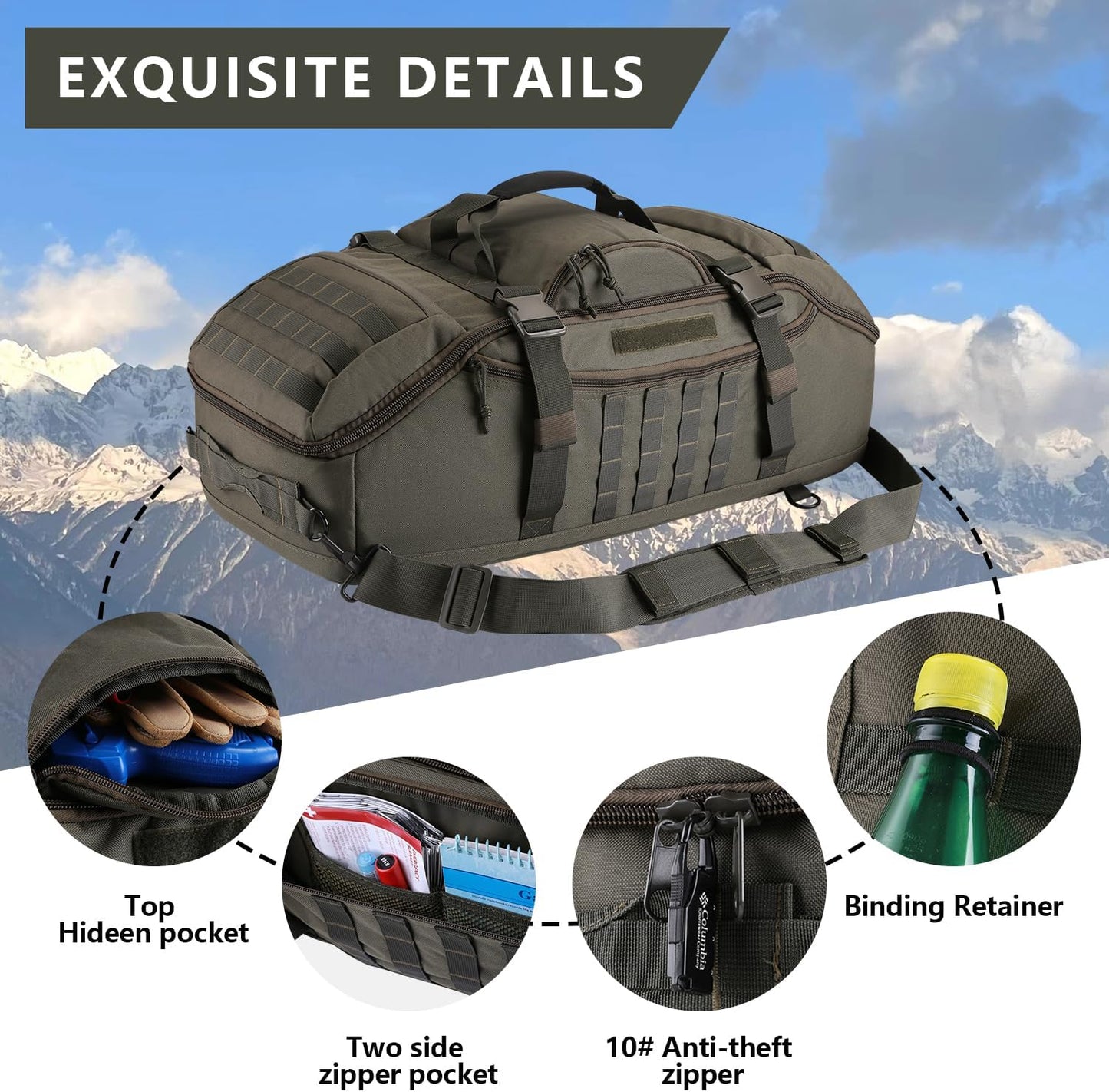 55L Large Duffle Bag, 3-in-1 Tactical Backpack MOLLE Pack for Sports, Gym, Outdoor, Olive Green