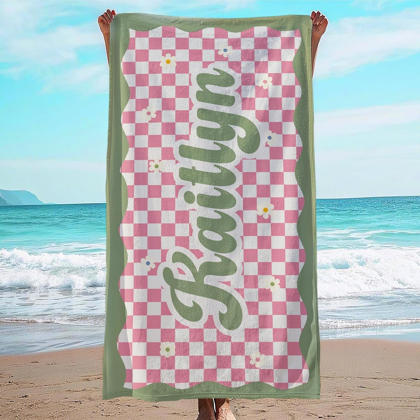 JML Personalized Beach Towel with Name, Custom Flower Beach Towel, Customized Microfiber Pool Towel, Quick Dry & Absorbent Swim Towel for Adult,Anniversary, Birthday, Summer Holiday,Vacation
