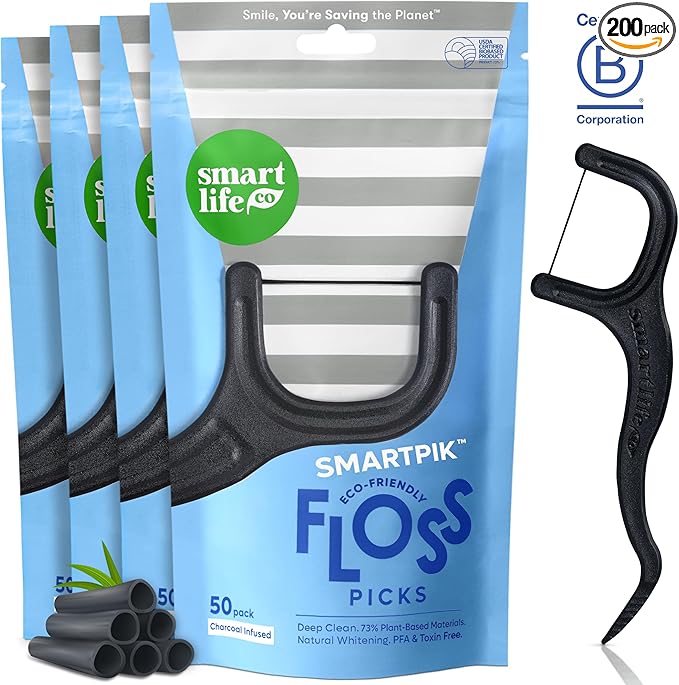 SmartLifeco Eco-Friendly Dental Floss Picks (200ct) - Flossers Made with Straw Wheat Blend, Natural Teeth Whitening, Tooth Pick Stick for Adults, Soft on Gums, Activated Bamboo Charcoal Floss Thread