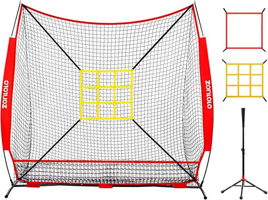 7x7 ft Baseball Net, Pitching & Batting Net with Batting Tee, Designed with Large Ball Collection System, 2 Strike Zones, Carry Bag, Baseball Softball Net for Batting Pitching Hitting and Throwing