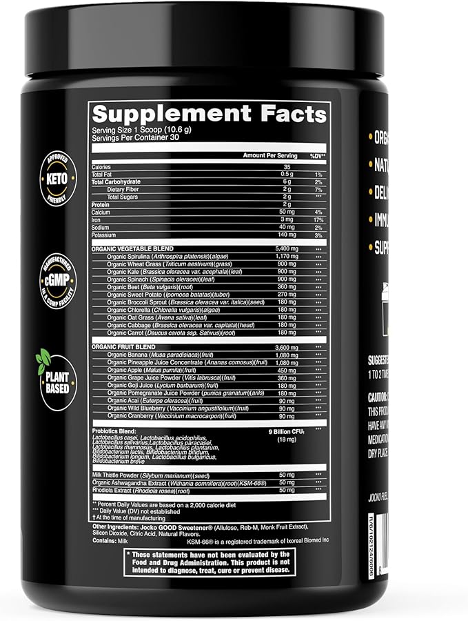 Jocko Fuel Daily Greens Powder - Premium Organic Greens Superfood Powder for Gut Health, Digestion, Bloating, Immune Support with Spirulina, Chlorella, Digestive Enzymes, & Probiotics - 30 Servings