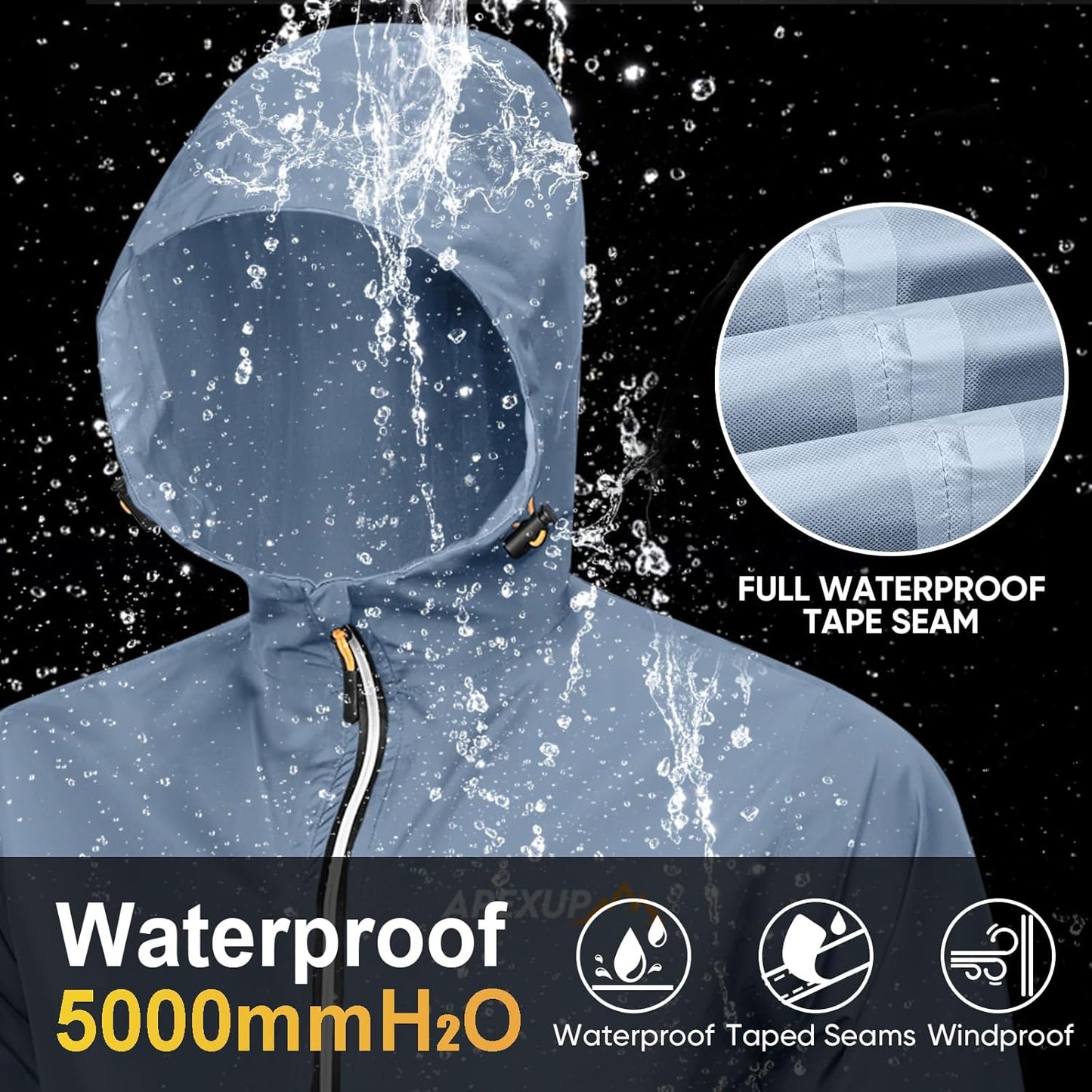 APEXUP Packable Rain Jacket Men with Reflective Zipper, Lightweight Waterproof Raincoat, Mens Rain Jacket for Outdoor Sports