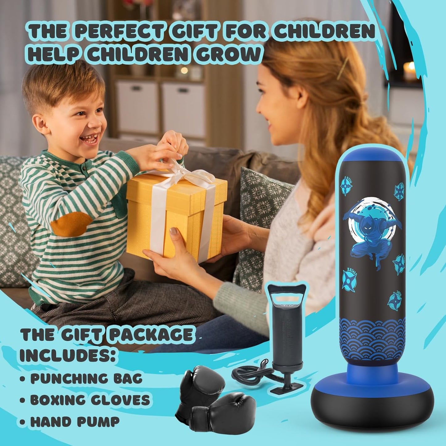 Inflatable Punching Bag for Kids, Tall Larger 66 Inch Stable Boxing Bag for Teens, Ninja Shuriken Toy Gifts for Boys Girls, Boxing Set with Gloves and Pump for Practicing Karate Taekwondo