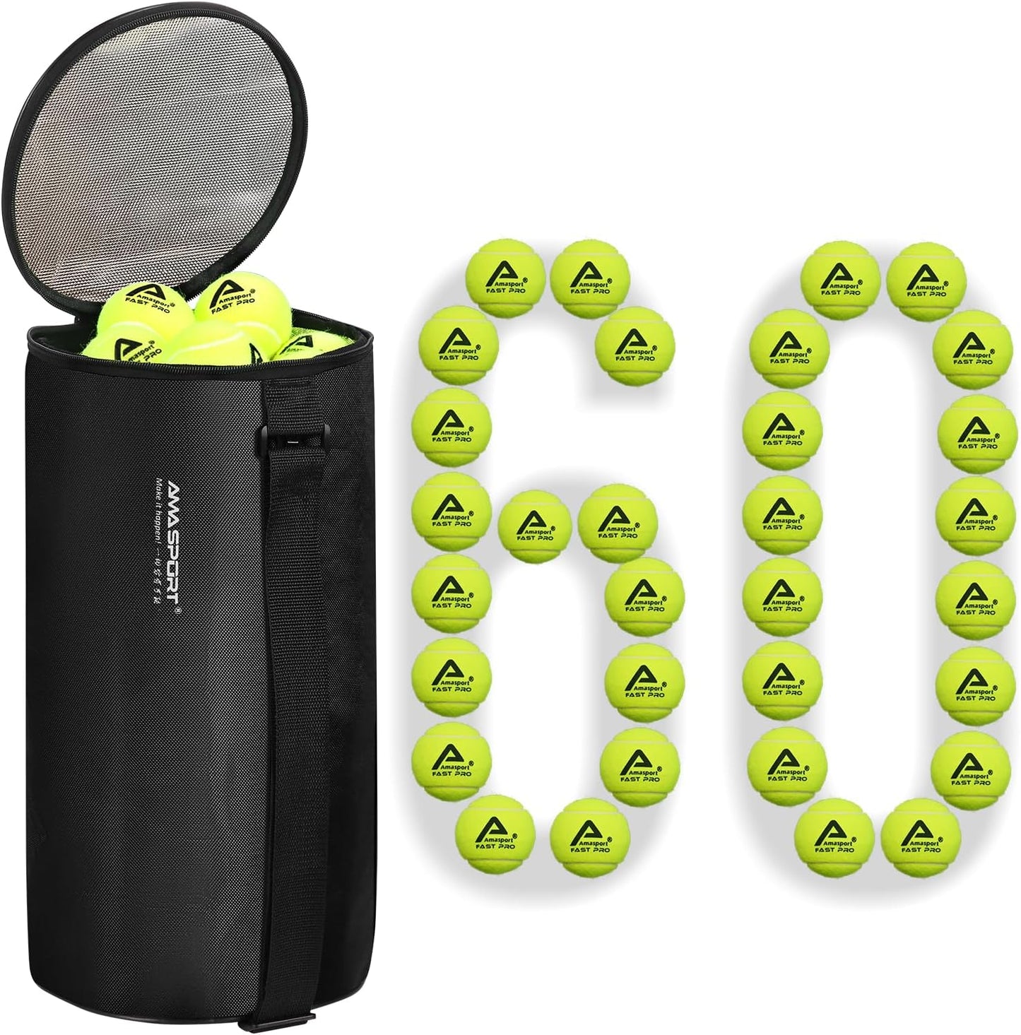 LITIAN Bulk Tennis Balls with Hopper Bag - 60 Pack Bucket High Elasticity Pressureless Practice Tennis Balls, Perfect for Training & Pet Dogs Play