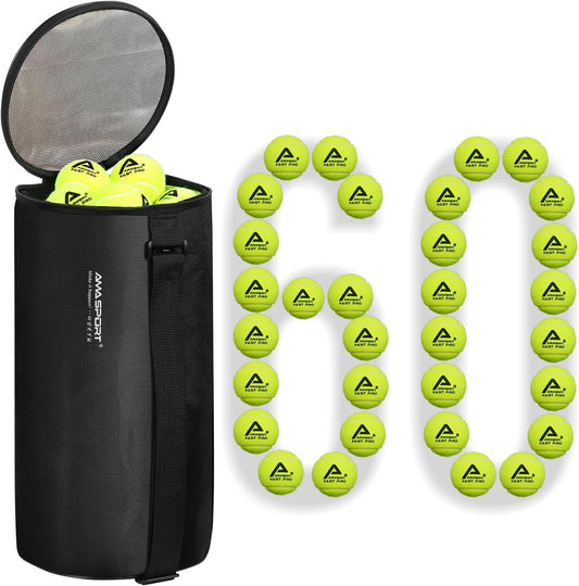 LITIAN Bulk Tennis Balls with Hopper Bag - 60 Pack Bucket High Elasticity Pressureless Practice Tennis Balls, Perfect for Training & Pet Dogs Play