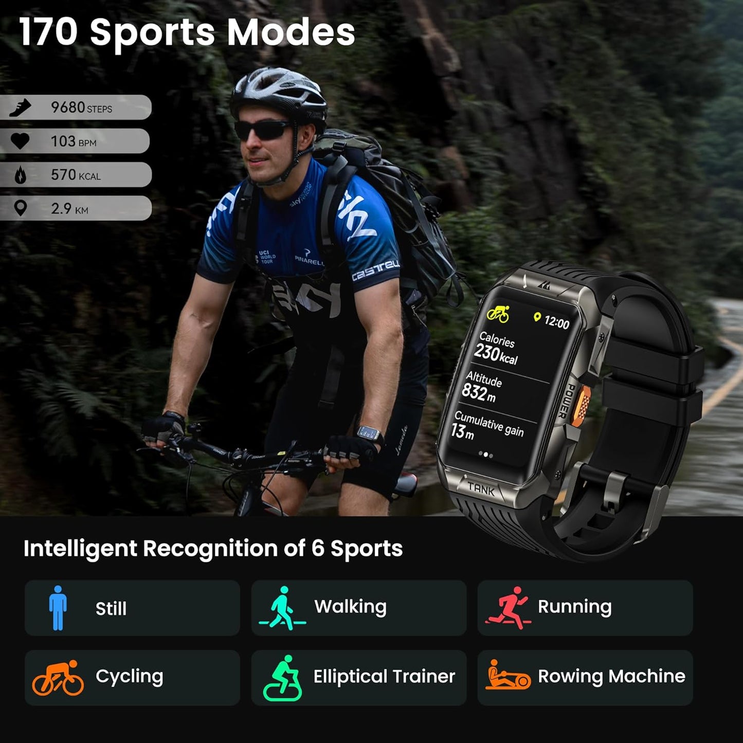 KOSPET Tank X2 Smart Watch Fitness Tracker, 24/7 Heart Rate, Blood Oxygen Monitor, Sleep Tracker, Blutooth Call, Stainless Steel Unibody, 1.64” AMOLED Always-on Display (Black)