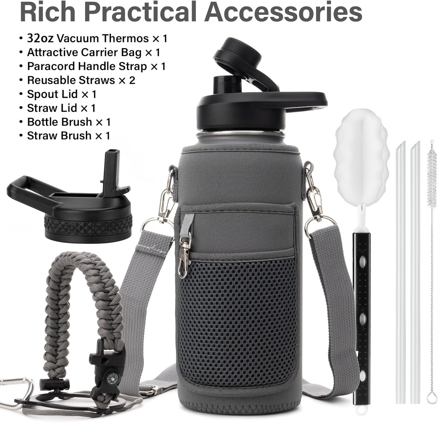 Insulated Water Bottle | Thickened Stainless Steel Vacuum Metal | Portable Sports Water Jug for Gym and Hiking with Straw, Carrier Bag, Handle Strap | BPA-Free 32 oz