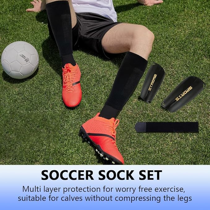3 Pairs Mens Grip Soccer Socks, 3 Pairs Shin Sleeves with 1 Pack Shin Guards and 4 Shin Straps, Soccer Football Game Set 11 Pcs