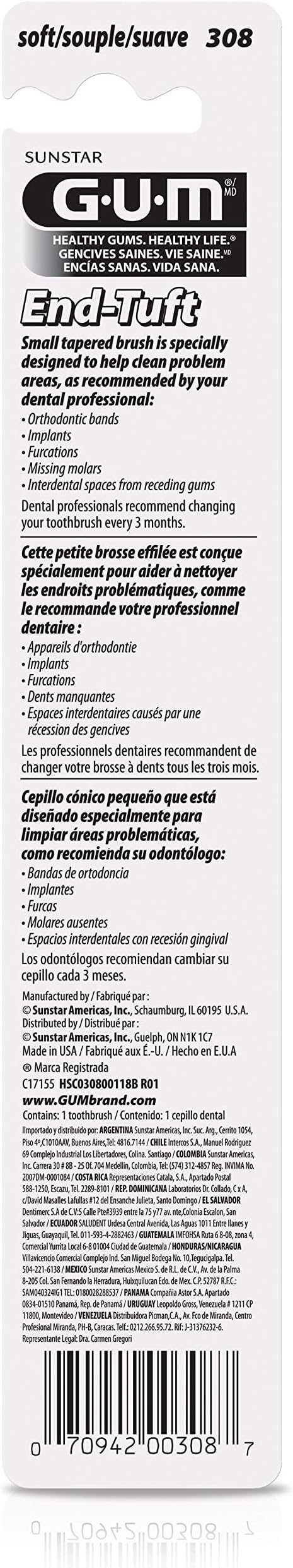 GUM End Tuft Toothbrush - Extra Small Head for Hard-to-Reach Areas - Implants, Back Teeth, and Wisdom Teeth - Soft Dental Brush for Adults, 1 Count