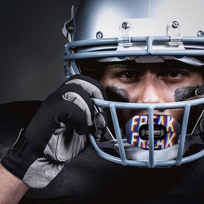 DAMAGE CONTROL Youth Football Mouth Guard – Breathable No Boil Mouthpiece, Protects Lips & Teeth, Works with Braces, Includes Helmet Strap – Sports Gear & Accessories (Freak)