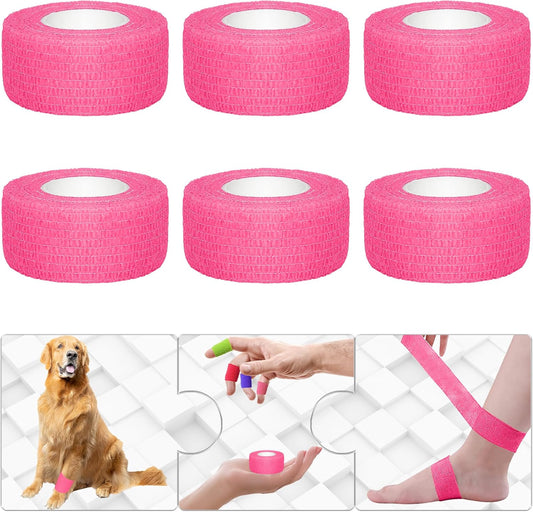6 Pack 1 Inches Self Adhesive Bandage Wrap Breathable Cohesive Bandage Elastic Tape for Pets, Athletic, Sports, Wrist, Knee, Ankle(5 Yards Per Roll, Pink)