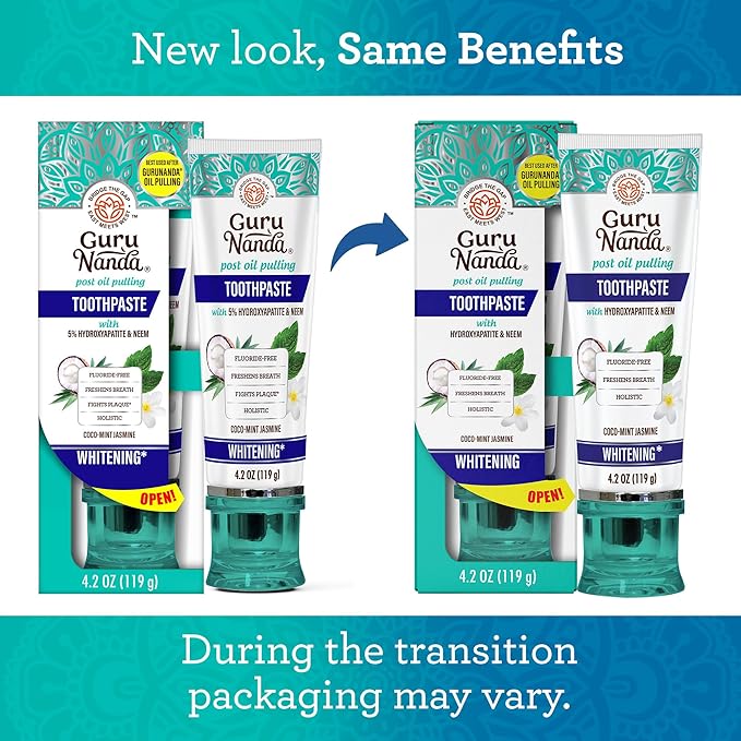 GuruNanda Hydroxyapatite Toothpaste, SLS & Fluoride Free, Whitening Toothpaste - Freshens Breath, Fights Plaque - Natural CocoMint Jasmine Neem, 4.2oz (Pack of 2)