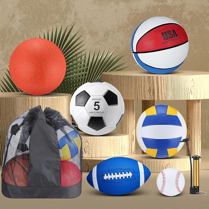 Leyndo 18 Pcs Sport Balls Bulk Set Basketball Football Volleyball Soccer Playground Baseball with Sport Equipment Bag Pump for Youth Adults Outdoor Indoor Practice Gift Back to School