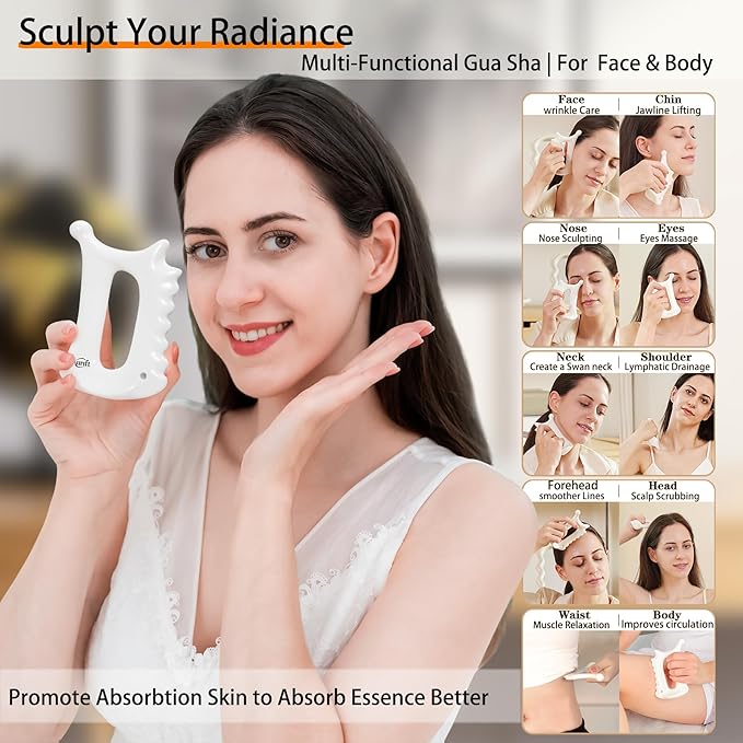 6-in-1 Ceramic Gua Sha Tool for Face & Body - Manual Facial Massage for Lymphatic Drainage, Jaw Lifting, Puffiness Care, Neck Massage for Stress Relief at Home, Self Care Gift for Mum Wife White